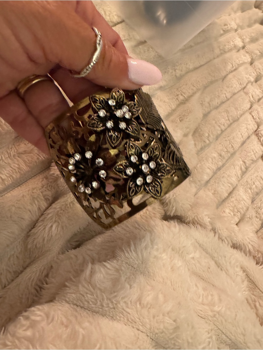 Embellished Floral Cuff Bracelet - Antique Gold with Rhinestones